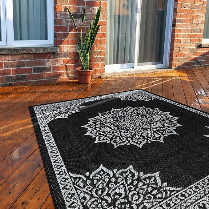 CAMILSON Outdoor Rug, 8x10 Medallion Black White Modern Area Rugs for Indoor and Outdoor Patios, Kitchen and Hallway Mats, Washable Porch Deck Outside Carpet (Medallion Black, 8 x 10)