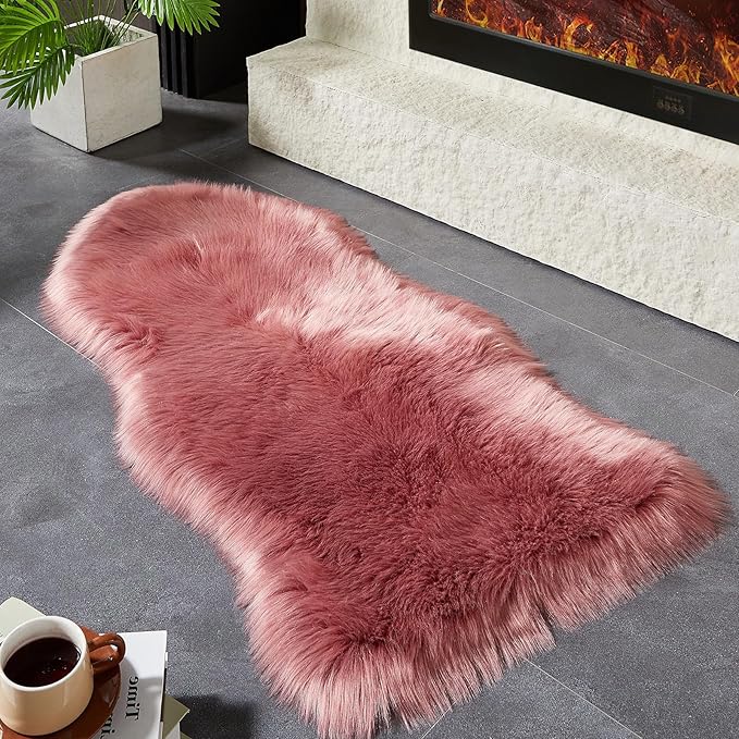 AMTOVO Faux Fur Rug, Blush Pink Area Rug, Fluffy Sheepskin Rug, Fuzzy Ultra Soft 2 x 4 ft Shag Rugs for Bedroom Sofa Throw Cushion Room Decor, Sheepskin