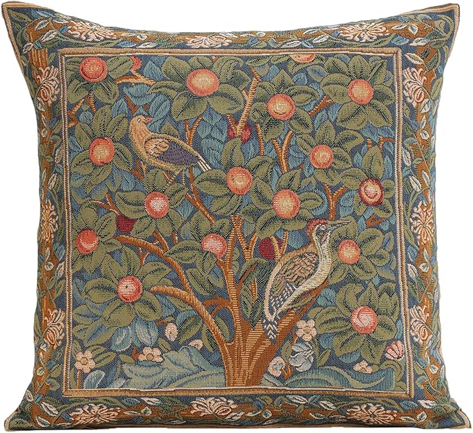 Charlotte Home Furnishings Decorative Tapestry Pillow Cover 19x19 in, Green Woodpecker Couch Pillow Cover, French Country Square Cushion Cases for Living Room Home Decor, Soft Cotton Jacquard Woven