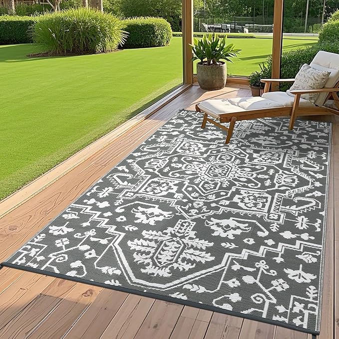 Outdoor Rug 9x12 Waterproof Reversible Plastic Straw Patio Rug, Stain-Resistant Vintage Medallion Carpet, Large Easy-Cleaning Indoor Outdoor RV Mat for Deck, Camping, Balcony, Grey White