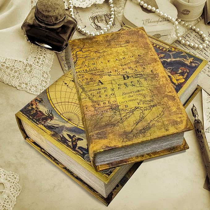 Decorative Book Box Set of 2, Trinket Keepsake Storage Boxes Book Shaped Storage Box Vintage Style Decorative Faux Books Boxes Globe Antique Books for Home Decoration Old World Map Pattern