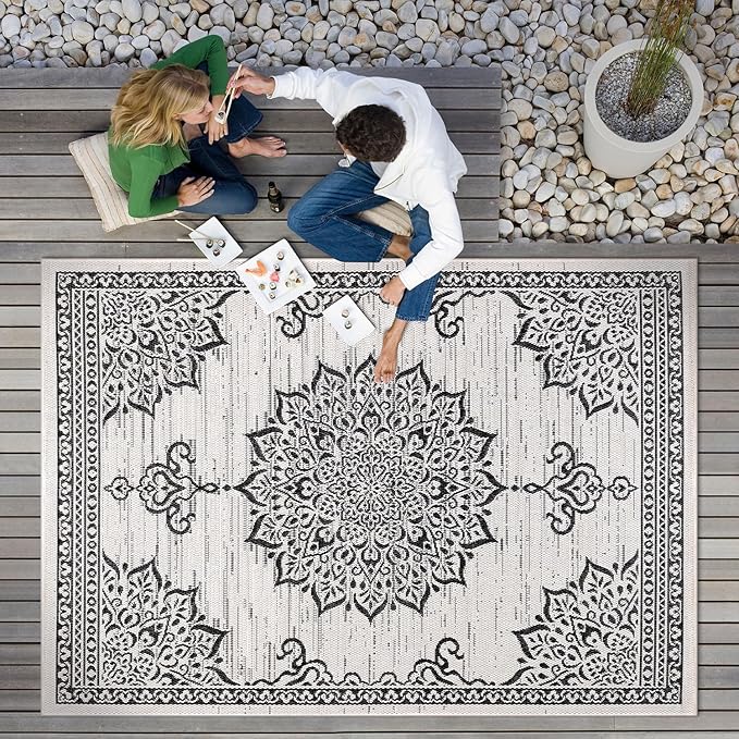 CAMILSON Outdoor Rug, 8x10 Medallion White Black Modern Area Rugs for Indoor and Outdoor Patios, Kitchen and Hallway Mats, Washable Porch Deck Outside Carpet (Medallion White, 8 x 10)