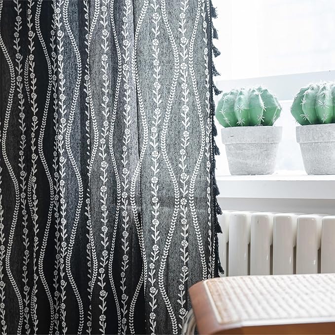 Sutuo Home Boho Curtains 63 Inches Length for Kitchen Doorway Cafe Dining Room, Stripe Floral Vintage Tassels Window Treatment Drape for Halloween Decorations Rod Pocket, 1 Panel 59" W x 63" L,Black