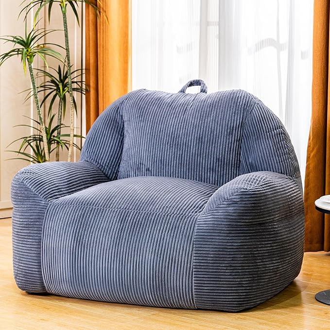 Giant Bean Bag Chair, Faux Fur Bean Bag Chair for Adults, Fluffy and Comfy Bean Bags with Filler, Big Bean Bag Sofa Chair for Reading, Gaming, Stuffed High-Density Foam, Grey