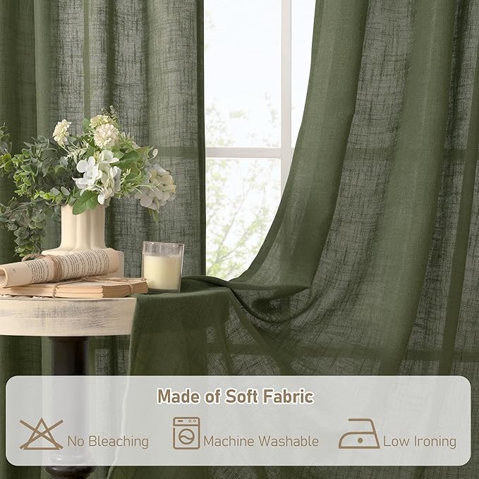 LAMIT Olive Green Linen Sheer Curtains 78 inch for Living Room, Soft Thick Bronze Grommet Light Filtering Boho Window Textured Neutral Christmas Decor Drapes for Bedroom, 2 Panels Set, 52 x 78 Inch