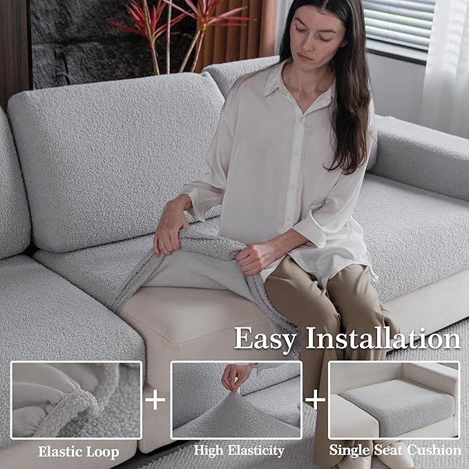 Couch Cushion Covers for Sectional Sofa, Stretch Soft Sofa Slipcovers Washable Wear-Resistant Universal Furniture Protector for Living Room(1 Piece Chaise Cover, Light Gray)