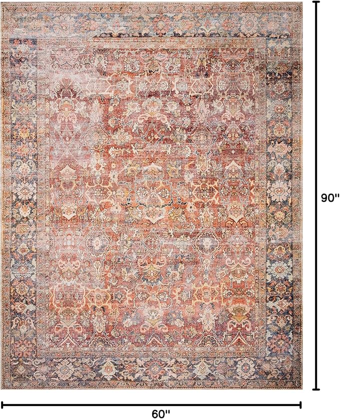 Loloi Layla Collection LAY-02 Spice/Marine 5'-0" x 7'-6" .13" Thick Area Rug, Soft, Durable, Vintage Inspired, Distressed, Low Pile, Non-Shedding, Easy Clean, Printed, Living Room Rug