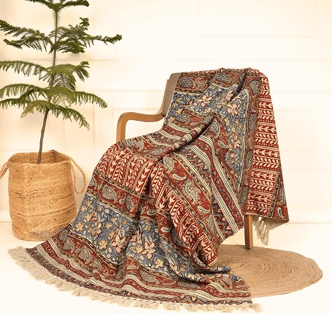 Handmade Cotton Floral Throw Blanket | Indian Block Print with Tassels | Boho Fringed Sofa & Bed Cover | 48x70 Inches Lightweight Decorative Throw for Couch, Living Room & Bedroom