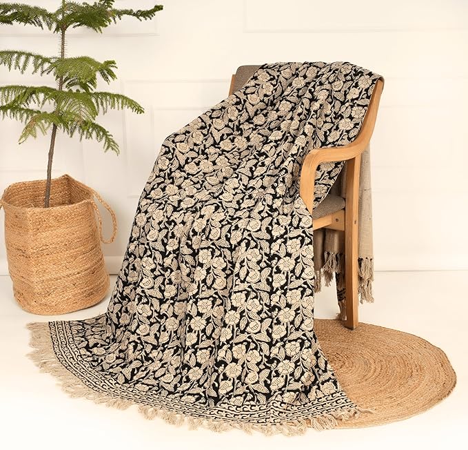 Handmade Cotton Throw Blanket, Floral Block Print, Black and Beige Wrap, 47x71 inches Decorative Woven Throw with Tassels