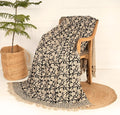 Handmade Cotton Throw Blanket, Floral Block Print, Black and Beige Wrap, 47x71 inches Decorative Woven Throw with Tassels