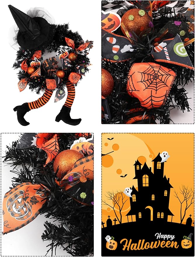 Happy Halloween Wreath for Front Door Decoration with Skeleton Artificial Bone Orange Ornaments Maple Leaf for Party Decor (Halloween Orange)