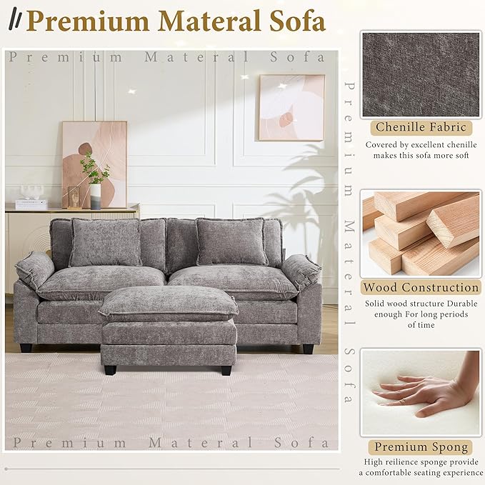 URRED Modular Sectional Sofa Comfy Cloud Couch, Modern Chenille Sofa Sleeper Deep Seat Couches with Ottoman/Pillows for Living Room (Gray, 82.6''- L Shape)