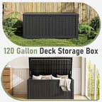 KAMABOKO Outdoor Storage Box, 120 Gallon Large Outdoor Resin Deck Box, Storage Waterproof Boxes Lockable Lid for Garden Tools, Pool Supplies, Patio Furniture and Cushions, Black