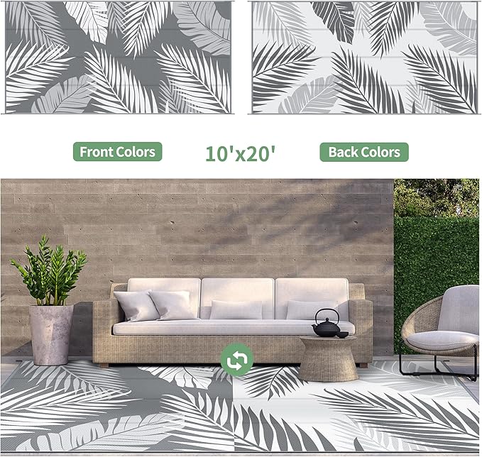 GENIMO Outdoor Rug 10' x 20' Waterproof for Patios Clearance, Reversible Outdoor Plastic Straw Camping Rug Carpet, Large Area Rugs Mats for RV, Camper, Deck, Balcony, Porch, Beach, Picnic, Grey&White