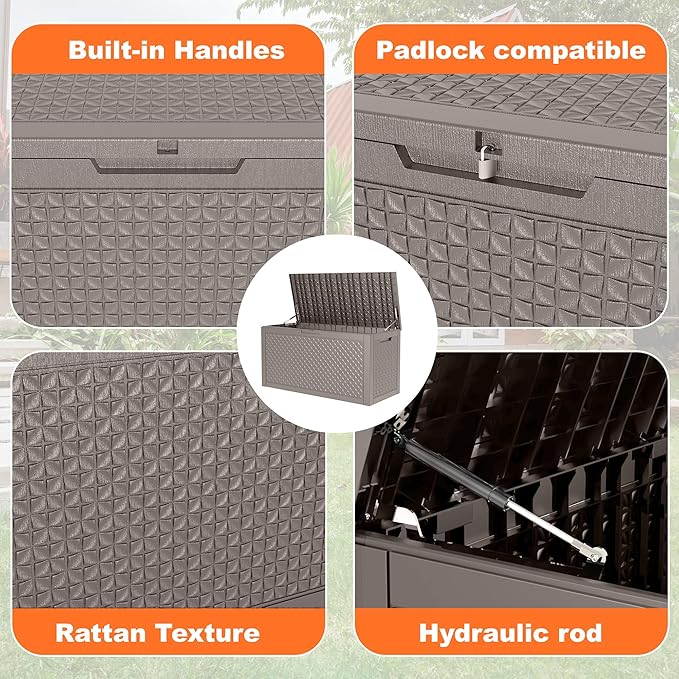 100 Gallon Deck Box Large Outdoor Storage for Patio Furniture,Outdoor Cushions,Garden Tools and Pool Supplies,Waterproof,Resin,Lockable(Grey Lozenge)