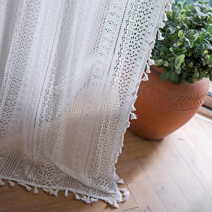 Sutuo Home Boho Sheer Curtain Valance Crochet Lace with Bohemian Hollow Knitted Handmade Tassels, Short Farmhouse Window Treatment for Kitchen Cafe, Rod Pocket, 1 Panel 59" W x 24" L, White