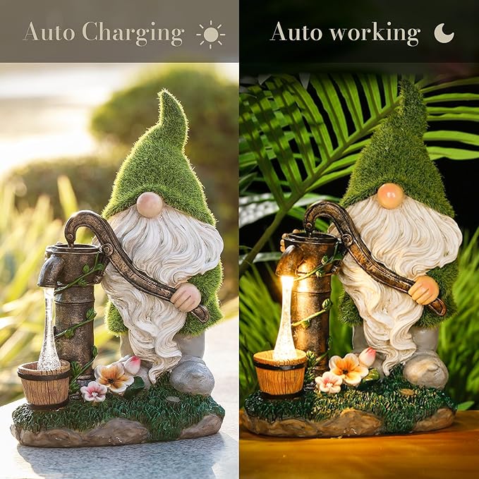 TERESA'S COLLECTIONS Garden Gnomes Decor with Solar Lights, Fathers Gifts, Green Outdoor Resin Decorations for Porch Patio, Gnome Ornaments for Dad and Mom，9"