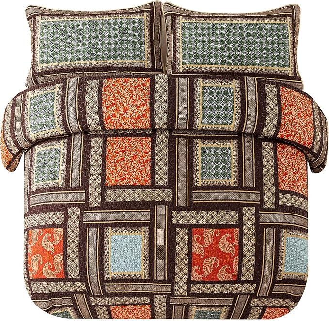 NEWLAKE Cotton Patchwork Bedspread, 3-Piece Bedding Quilt Set with Real Stitched Embroidery, Reversible Matelasse Bed Coverlet Set,Bohemian Farmhouse,Twin Size