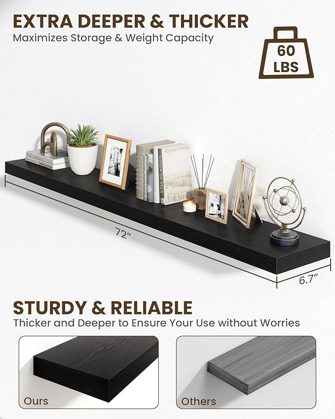 Marsmiles 72" Floating Shelves for Wall, Wooden Shelves with Invisible Brackets Set of 2, Rustic Farmhouse Wall Mounted Shelf for Kitchen Bathroom Living Room Study, Black