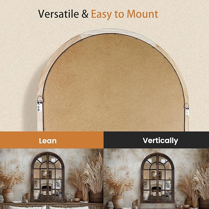 Arched Wall Mirror with Window Design, 36"x24" Rustic Farmhouse Wood Mirror for Wall Decor, Decorative Vintage Arch Mirror for Living Room, Bedroom, Entryway