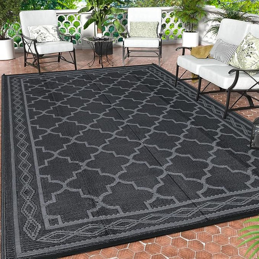 GAOMON Outdoor Rug Waterproof 8'x10', Reversible Outdoor Plastic Straw Rug, Boho Patio Rug, Indoor Outdoor Carpet, RV Mat Outside for Patio, Camp, Picnic, Balcony, Deck, Black/Grey(Geometric)