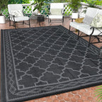 GAOMON Outdoor Rug 9'x12' Waterproof Rug for Patio Decor, Foldable Reversible Plastic Straw Area Rugs Mat for Camper, Outside Carpet for Deck, Porch, Picnic, Beach, Black/Grey(Geometric)