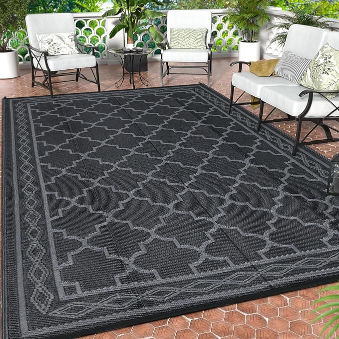 GAOMON Outdoor Rug 9'x12' Waterproof Rug for Patio Decor, Foldable Reversible Plastic Straw Area Rugs Mat for Camper, Outside Carpet for Deck, Porch, Picnic, Beach, Black/Grey(Geometric)