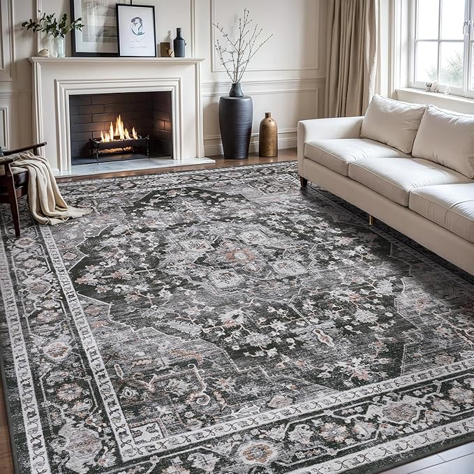 AMOAMI-Area Rug 8X10 Rugs for Living Room-Vintage Soft Black Rugs for Bedroom-Non Slip Carpet-Washable Rug for Dining Room Living Room Bedroom Office Under Table Dark Grey & Black