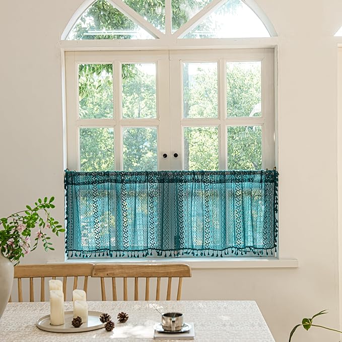 Sutuo Home Boho Valance Tier Curtains Crochet Lace Sheer Bohemian Hollow Knitted with Tassels, Privacy Vintage Rustic Farmhouse Drapes for Kitchen, Rod Pocket 1 Panel 59" W x 36" L, Turquoise