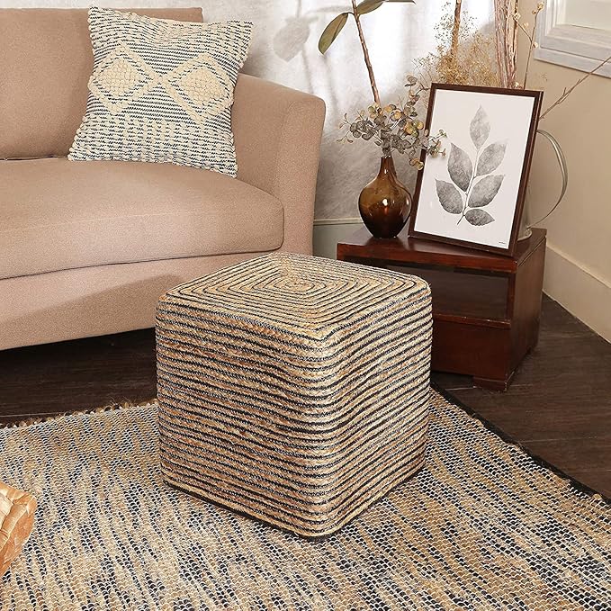 REDEARTH · Cube Pouf Foot Stool Ottoman - Jute Braided Pouffe Poof Accent Sitting Footrest for The Living Room, Bedroom, Nursery, Lounge 50% Jute 50% Cotton Set of 2 (14.5”x14.5”x16”; Natural Black)
