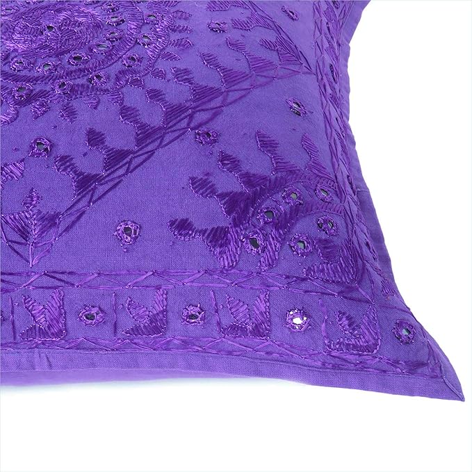 Eyes of India Embroidered Decorative Boho Throw Pillow Cover with Mirrors, Handmade Bohemian Accent Cushion Case for Sofa Couch Bedroom Living Room (Purple, 16" x 16")