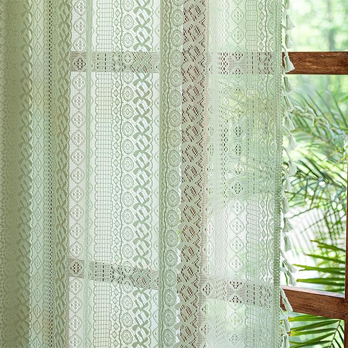 Sutuo Home Boho Curtains for Bedroom Dining Room, Bohemian Crochet Lace Hollow Knitted Handmade Tassels Vintage Rustic Window Treatment Farmhouse Drapes, 1 Panel Rod Pocket 59" W x 96" L, Mint Green