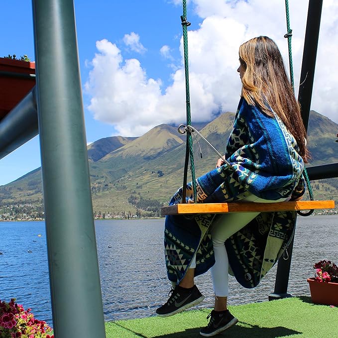 Inca Aztec Throw, Queen, King Blanket | Southwest Indian Navajo Boho Style | Native Cover for Camping, Bedding, Couch, Vanlife | Faux Alpaca, Lightweight, Hypoallergenic (Kocha Blue, Throw)