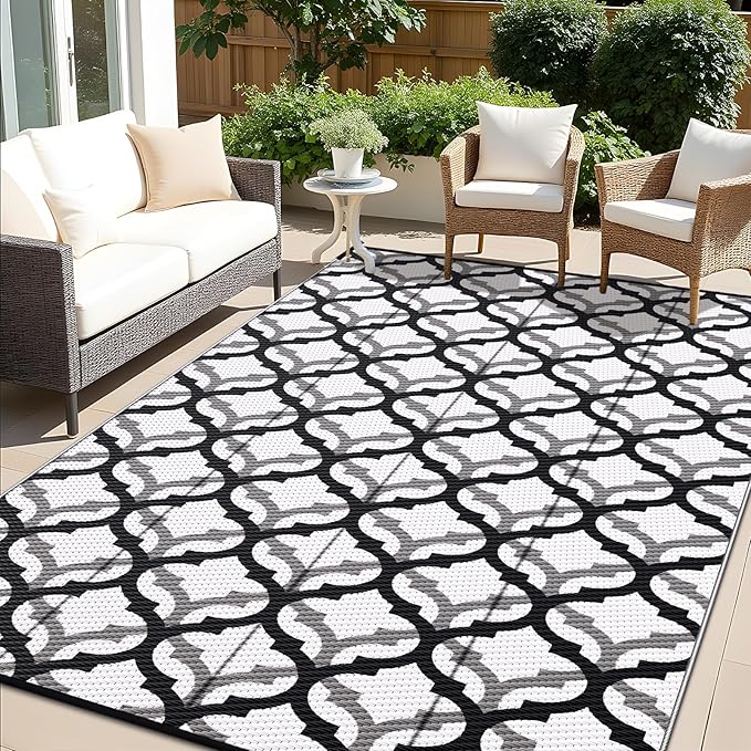 OLANLY Reversible Outdoor Rug 9x12 ft Clearance, Waterproof Outdoor Plastic Straw Rug with Interlacing Pattern, RV Mat for Patio, Camping, Balcony, Deck, Backyard, Black & White