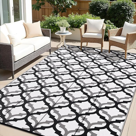 OLANLY Reversible Outdoor Rug 9x12 ft Clearance, Waterproof Outdoor Plastic Straw Rug with Interlacing Pattern, RV Mat for Patio, Camping, Balcony, Deck, Backyard, Black & White