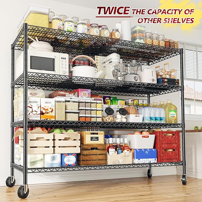 REIBII 55.5''W Storage Shelves 2500LBS Wire Shelving Rack with Wheels 75.6" H Heavy Duty Shelving Unit Adjustable Metal Shelves for Storage Rack Shelving for Kitchen Pantry 2PCS