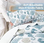 Coastal Bedding Queen Size Coastal Quilt with 2 Shams, Nautical Beach Comforter Sets Ocean Bedspreads Blue Seahorse Coverlet Summer Bedding, 90''x96''