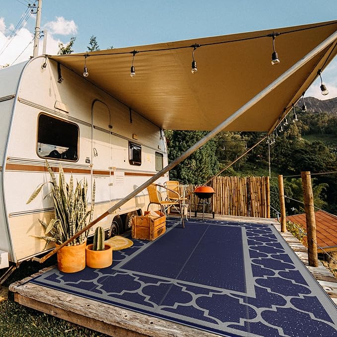 GENIMO 9 ' x 18 ' Outdoor Rug Waterproof for Patio Decor, Foldable Reversible Plastic Straw Area Rugs Mat for Camper, Outside Carpet for Rv, Deck, Porch, Picnic, Beach, Balcony, Blue & Grey