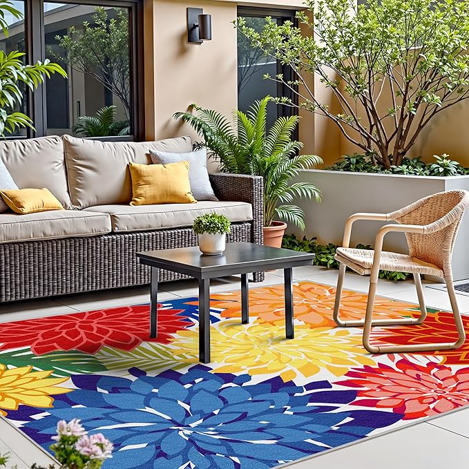 Indoor Outdoor Area Rug 8x10 Patio Washable Multicolored Patio Rug Tropical Botanical Modern Floral Indoor Outdoor Carpet Non-Slip for RV, Pool Deck, Backyard, Porch