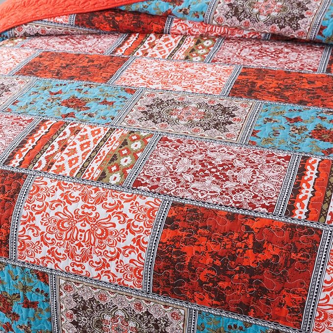 NEWLAKE Cotton Bedspread Quilt Sets-Reversible Patchwork Coverlet Set, Mediterranean Classic Bohemian Pattern,Queen Size