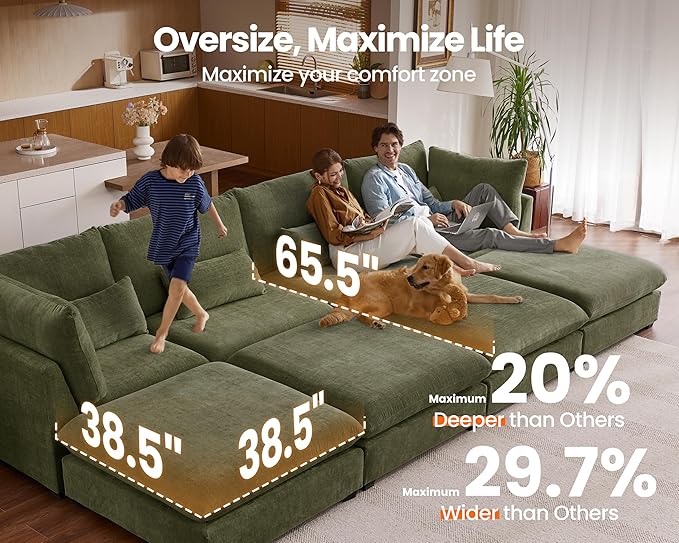 Oversized Modular Sofa, Extra Deep Cloud Chenille Sectional Couch with Ottoman Chaise, Fluffy Chenille 2 Seater Sofa Bed for Living Room, Villa (Loveseat Sofa, Chenille Green)