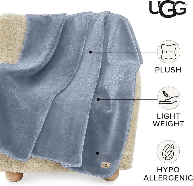 UGG Whitecap Plush Throw Blanket Fleece Lightweight Soft Cozy Throw for Couch or Bed Luxury Home Decor for Living Room Washable Hypoallergenic Blankets for Dorm Decor, 50-inch x 70-inch, Denim Blue