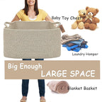 COMFY-HOMI Large Rectangular Blanket Basket, Woven Cotton Rope Baskets for Storage, Laundry Hamper Basket, Storage Bin,Toy Organizing Bin with Handle, Organization and Storage-22x15x12”-Brown
