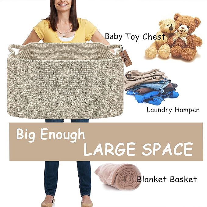 COMFY-HOMI Large Rectangular Blanket Basket, Woven Cotton Rope Baskets for Storage, Laundry Hamper Basket, Storage Bin,Toy Organizing Bin with Handle, Organization and Storage-22x15x12”-Brown