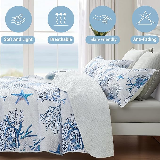 Coastal Bedding King Size Coastal Quilt with 2 Shams, Nautical Beach Comforter Sets Ocean Bedspreads Blue Starfish Coverlet Summer Bedding, 96''x106''
