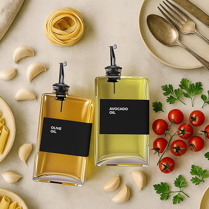 Olive Oil Dispenser Bottle - Includes 44 Kitchen Essential Labels - Cooking Oil Bottles for Kitchen, Coffee Syrup Dispenser - Pourer Spout with 11.8 fl oz Glass Container Cruet - 2pcs, Black