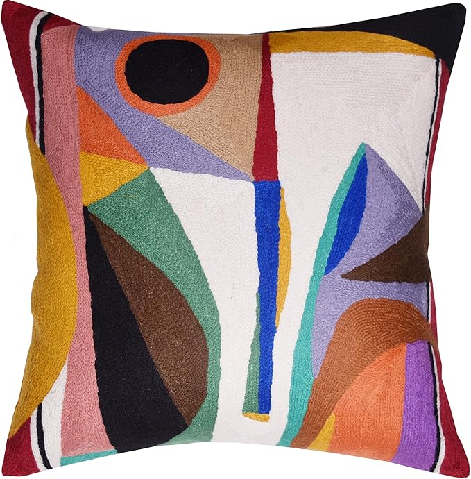 Kandinsky Balancement Decorative Pillow Cover Abstract Toss Pillows Farmhouse Chair Cushion Contemporary Pillow Mid-Century Chair Cushions Hand Embroidered Pillow Wool Size 18x18