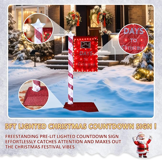 5FT Lighted Christmas Countdown Sign, Remote Control Available Within 0-60 Days, Holiday Countdown Sign Decor with 125 LED Lights, Freestanding Glittered Holiday Display for Outdoor, Indoor