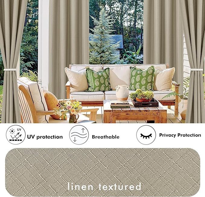 HolidayIdeas 6 Panels Linen Outdoor Curtains for Patio Waterproof Taupe Outside Curtains 54x84 Inch-Gazebo Curtains Weighted Weatherproof, Privacy for Pergola, Porch, Cabana, Deck, Sunroom, Backyard