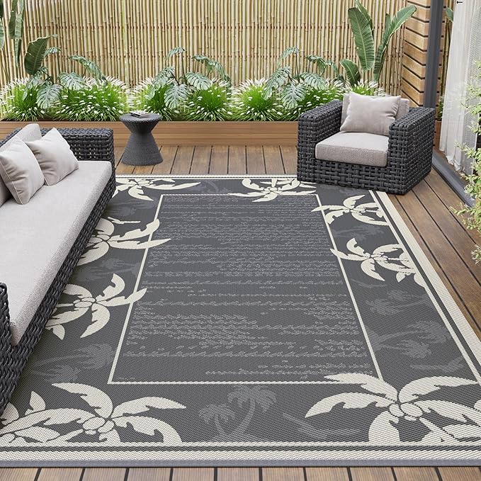 COCOER Outdoor-Rug 8x10 ft Waterproof Reversible Outdoor Plastic Straw Rug RV Indoor Outdoor Carpet Quick Dry Patio Rug Camping Mat for Balcony Backyard Picnic Beach-Grey&Beige